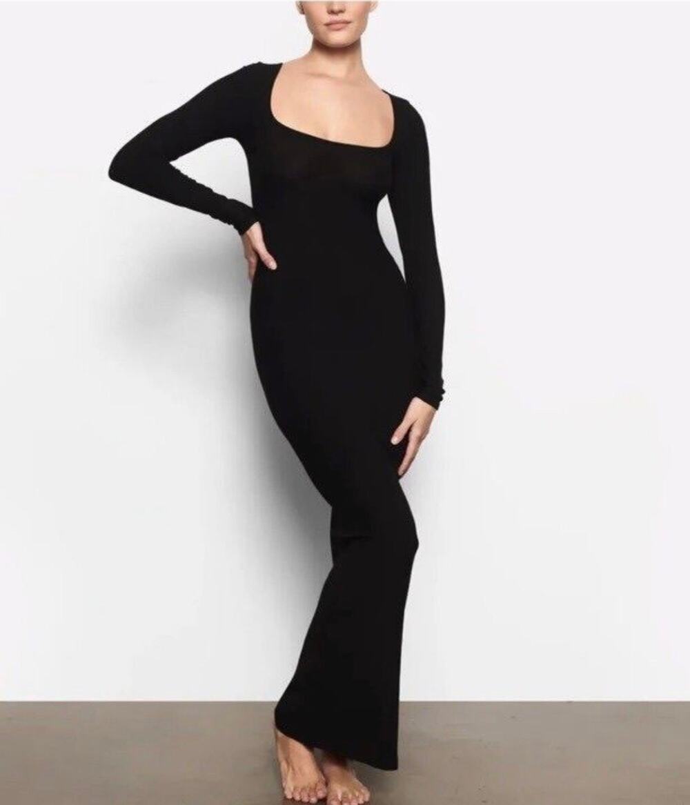 Morticia Addams family Skims Lounge Long Sleeve Maxi Dress Black Ribbed Medium